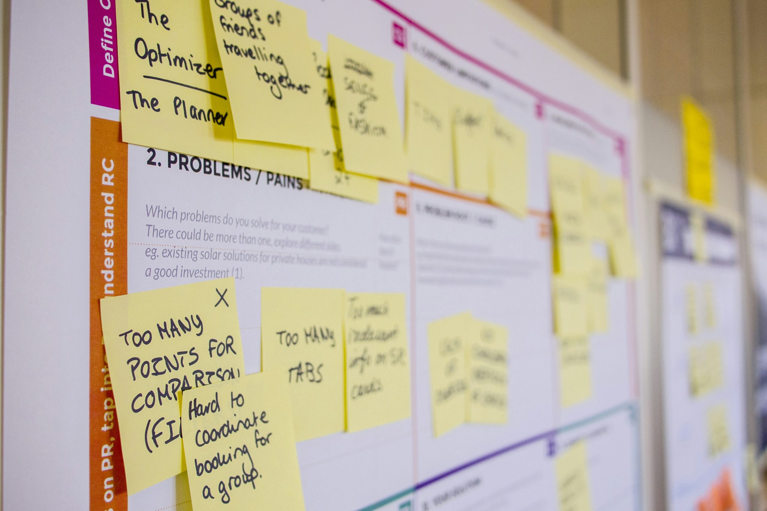 A board covered with post-it notes representing common business communication problems, illustrating the process of repairing broken business relationships